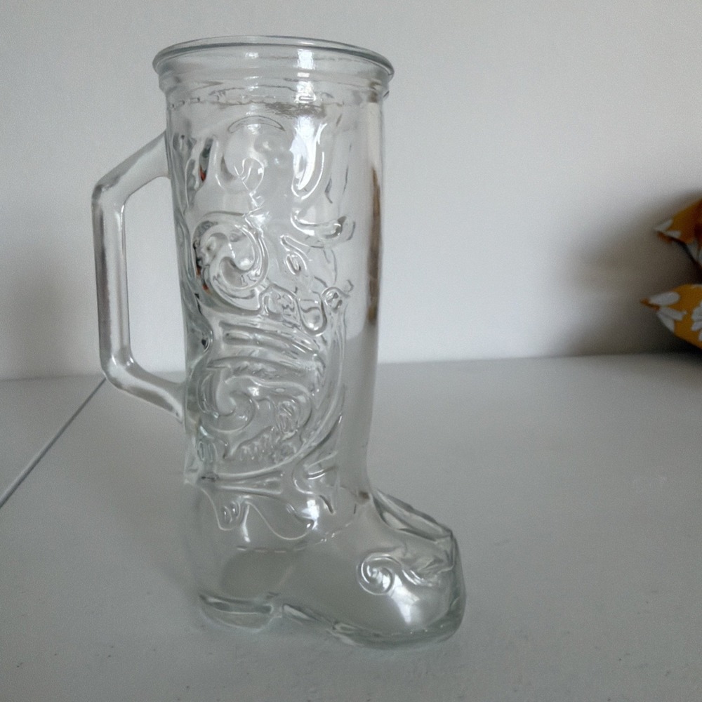 Vintage Clear Glass Cowboy Boot Fancy Design Beer Mug Stein
